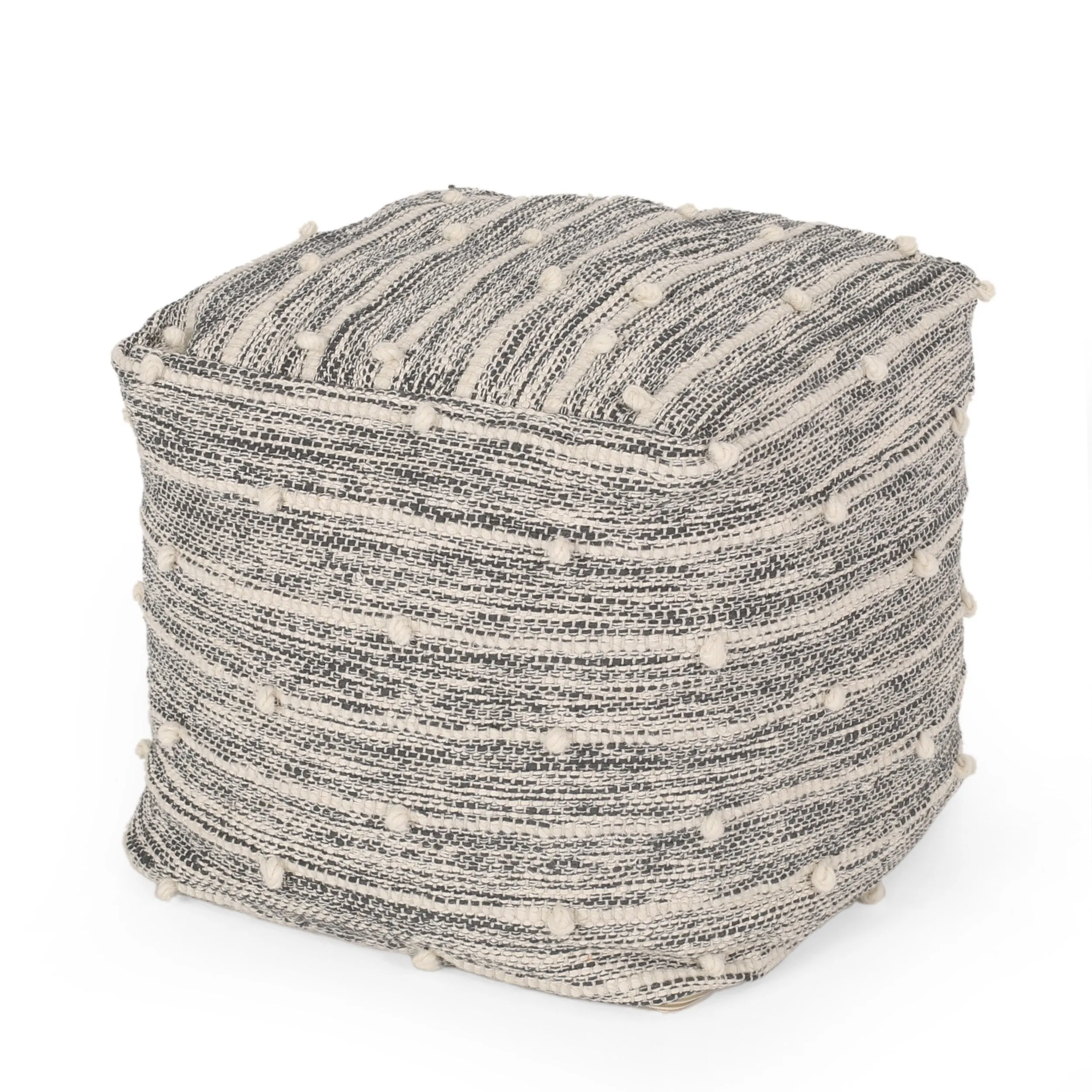 Shurley Parham Boho Handcrafted Fabric Cube Pouf, Ivory and Gray