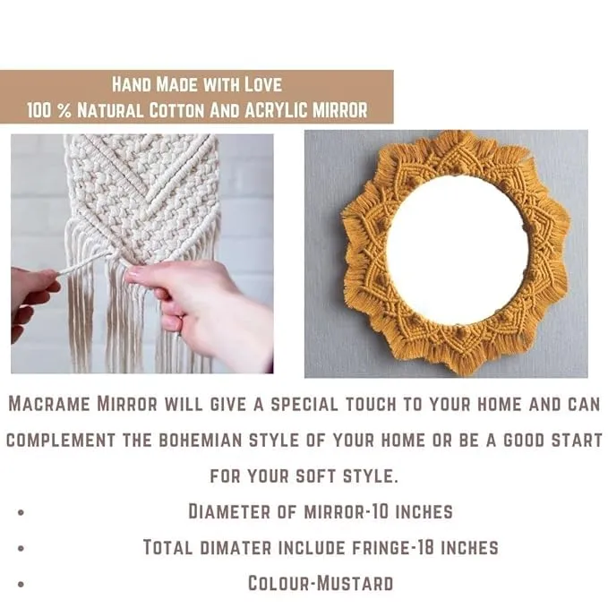 tms Boho Mustard Macramé Mirror with Fringe - 10 Inch Round Mirror Diameter, 18 Inch Total Length - Handcrafted Decorative Wall Hanging for Bohemian Home Décor -1 Piece