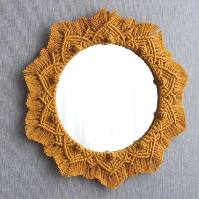 tms Boho Mustard Macramé Mirror with Fringe - 10 Inch Round Mirror Diameter, 18 Inch Total Length - Handcrafted Decorative Wall Hanging for Bohemian Home Décor -1 Piece