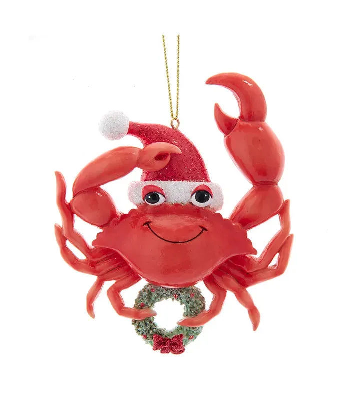 Whimsical Red Sea Crab Ornament Holding a Christmas Wreath