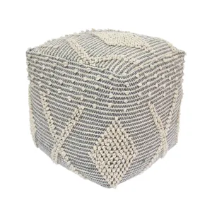 Winnie Contemporary Faux Yarn Pouf Ottoman, Ivory and Gray