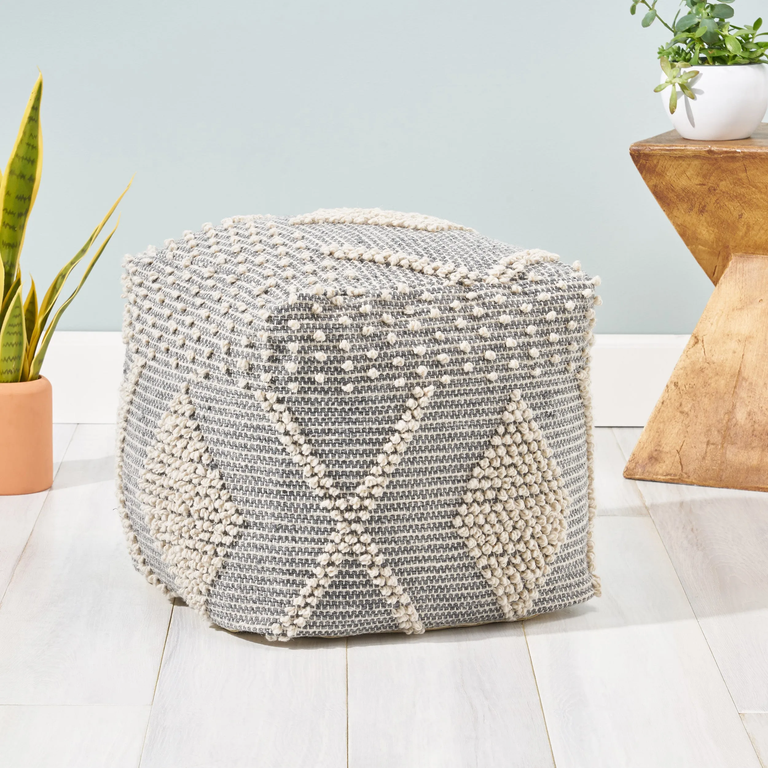 Winnie Contemporary Faux Yarn Pouf Ottoman, Ivory and Gray