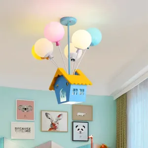 Wooden Balloon Cartoon Chandelier - Colorful 7-Head Pendant Light in Blue for Kids' Room