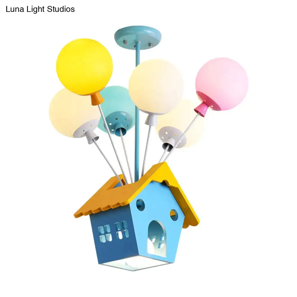 Wooden Balloon Cartoon Chandelier - Colorful 7-Head Pendant Light in Blue for Kids' Room