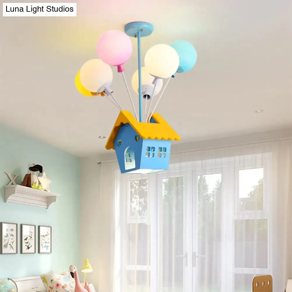 Wooden Balloon Cartoon Chandelier - Colorful 7-Head Pendant Light in Blue for Kids' Room